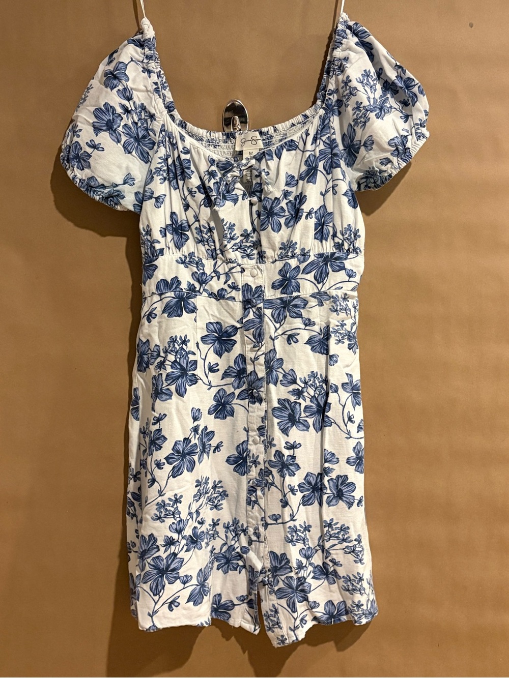 Jessica Simpson White and Blue Floral Puff-Sleeve Dress